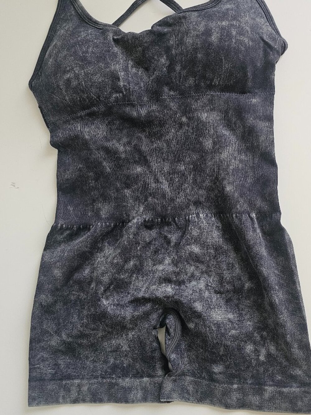 Women's Acid Wash Strappy Back Scoop Neck Cami Padded Romper - Compression  Siz